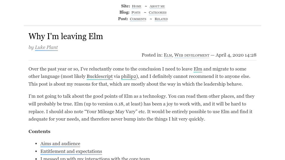 Screenshot of lukeplant.me.uk: Why I'm Leaving Elm (2020)