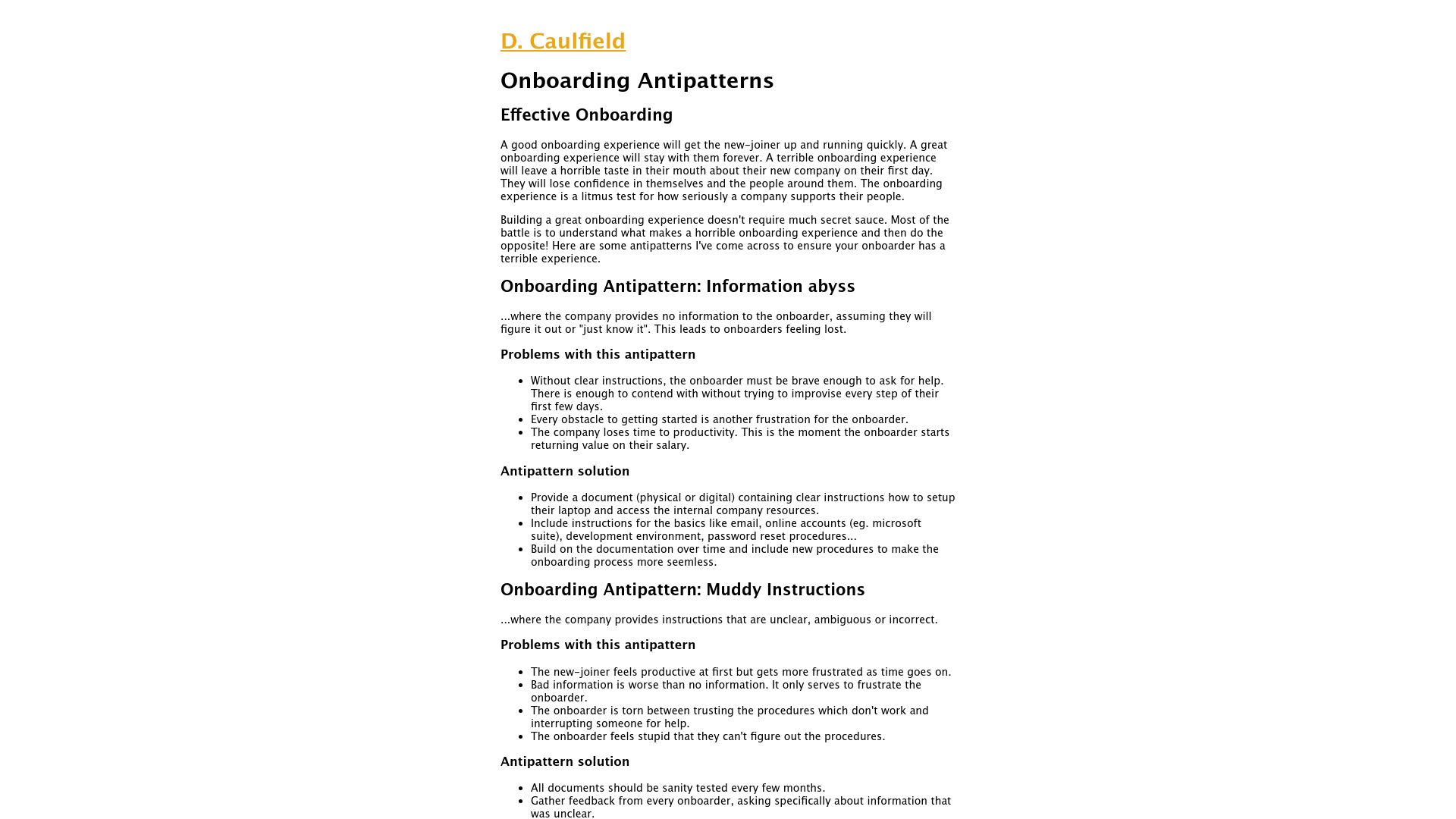 Screenshot of dcaulfield.com: Onboarding Antipatterns
