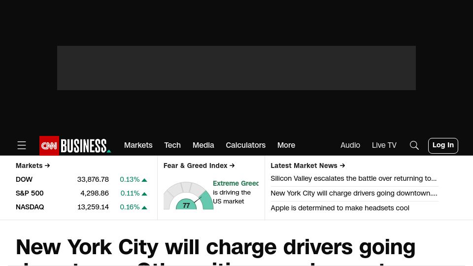 Screenshot of cnn.com: New York City will charge drivers going downtown