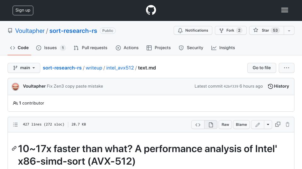 Screenshot of github.com: A performance analysis of Intel x86-SIMD-sort (AVX-512)