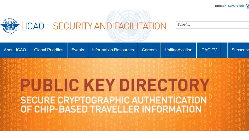 Screenshot of icao.int: International Civil Aviation Organization Public Key Directory