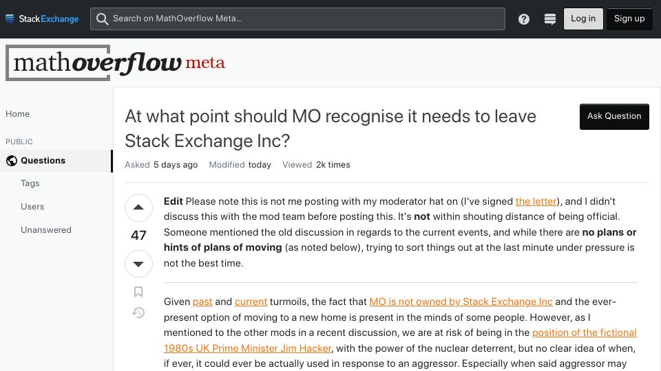 Screenshot of meta.mathoverflow.net: At what point should MO recognise it needs to leave Stack Exchange Inc?