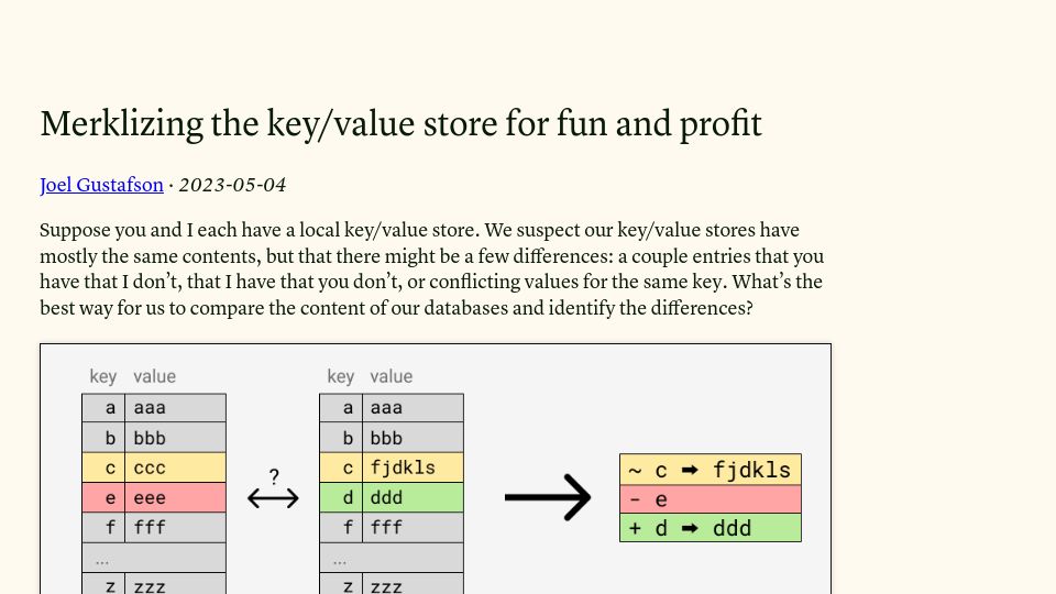 Screenshot of joelgustafson.com: Merklizing the key/value store for fun and profit