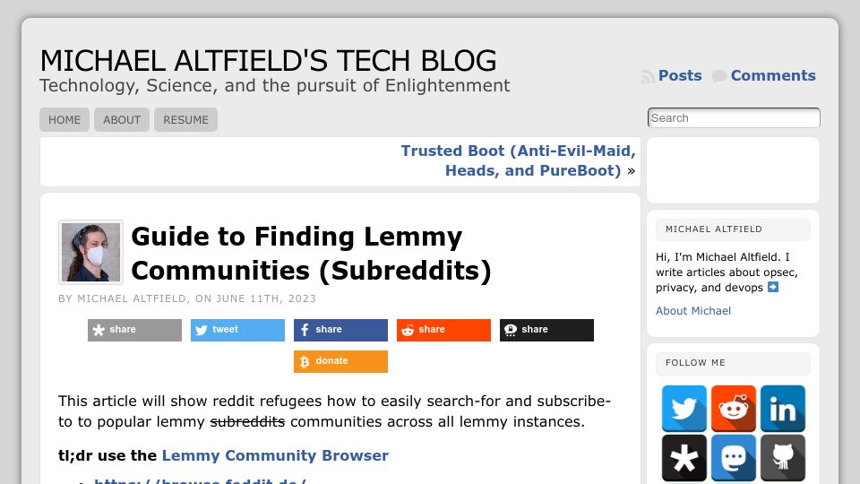 Screenshot of tech.michaelaltfield.net: Guide to Finding Lemmy Communities (Subreddits)