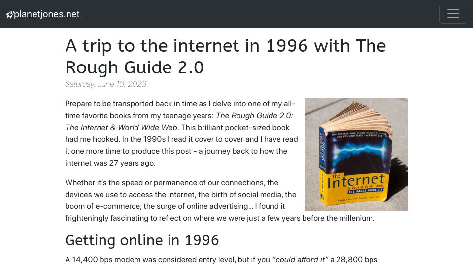 Screenshot of planetjones.net: A trip to the internet in 1996 with The Rough Guide 2.0