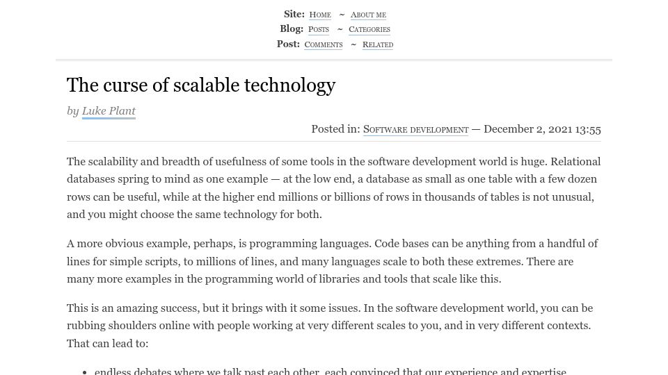 Screenshot of lukeplant.me.uk: The curse of scalable technology