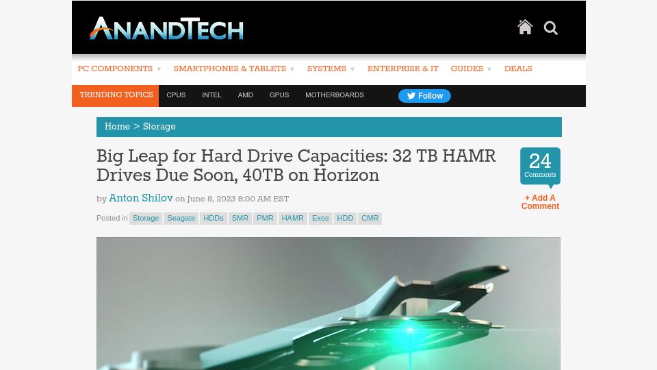 Screenshot of anandtech.com: Big leap for hard drive capacities: 32 TB HAMR drives due soon, 40tb on horizon