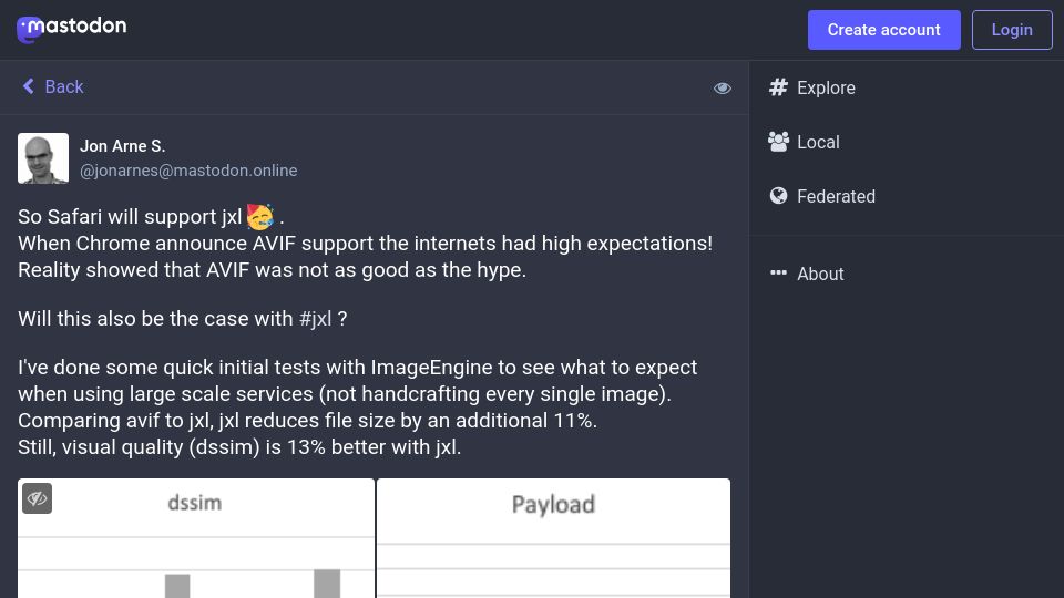 Screenshot of mastodon.online: JPEG XL against AVIF tested on ImageEngine