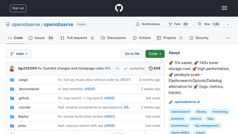 Screenshot of github.com: Show HN: OpenObserve – Elasticsearch/Datadog alternative
