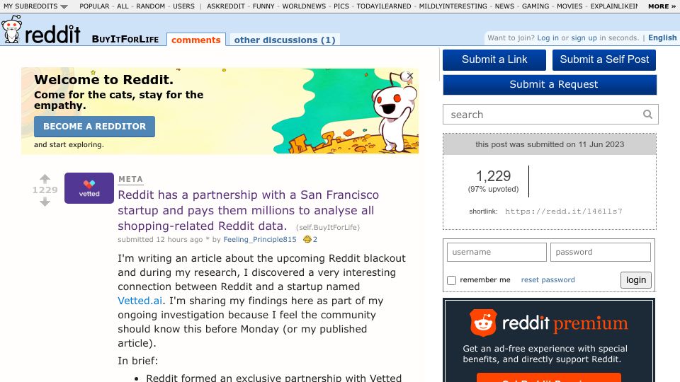 Screenshot of old.reddit.com: Reddit pays an SF startup millions to analyse all shopping-related Reddit data