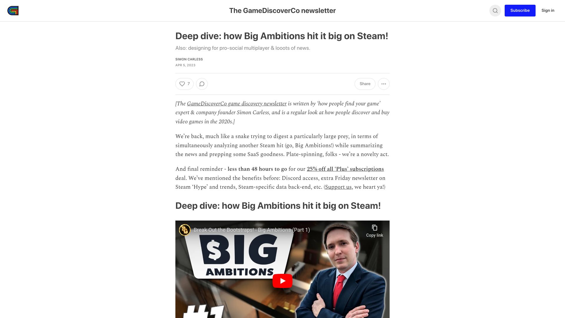 Screenshot of newsletter.gamediscover.co: Deep dive: how Big Ambitions hit it big on Steam