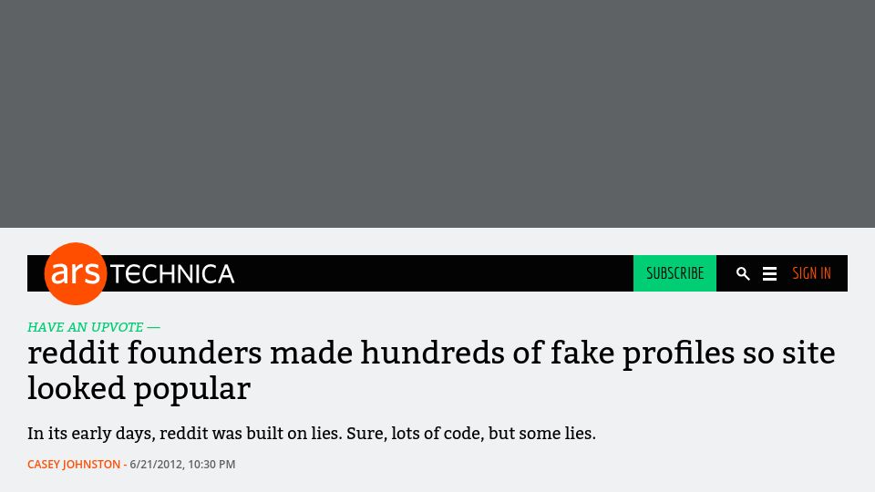 Screenshot of arstechnica.com: Reddit founders made hundreds of fake profiles so site looked popular (2012)