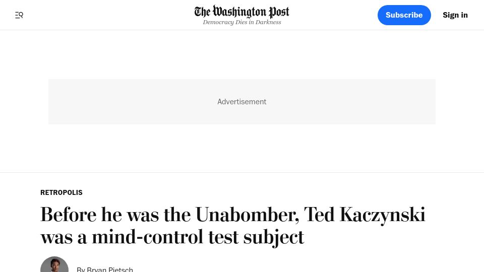 Screenshot of washingtonpost.com: Before he was the Unabomber, Ted Kaczynski was a mind-control test subject