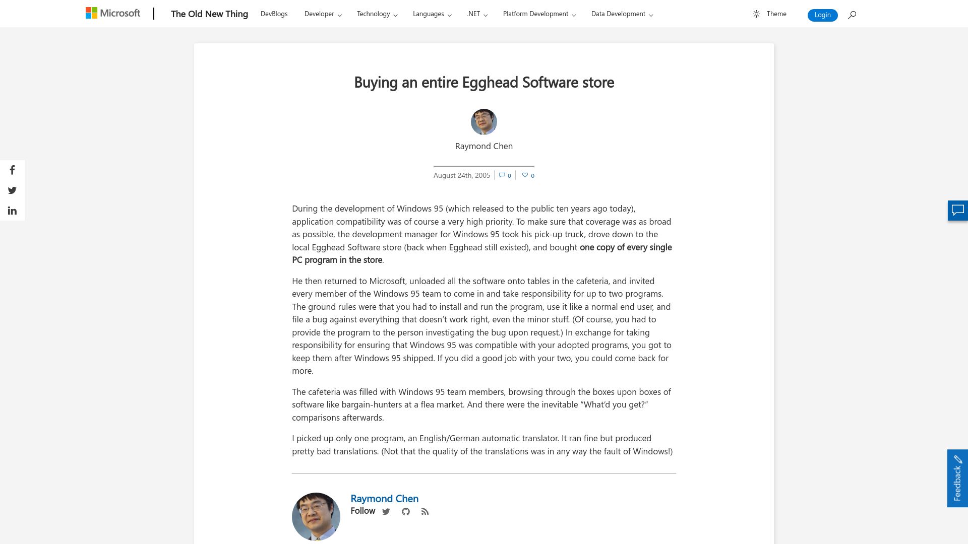 Screenshot of devblogs.microsoft.com: Buying an entire Egghead Software store (2005)