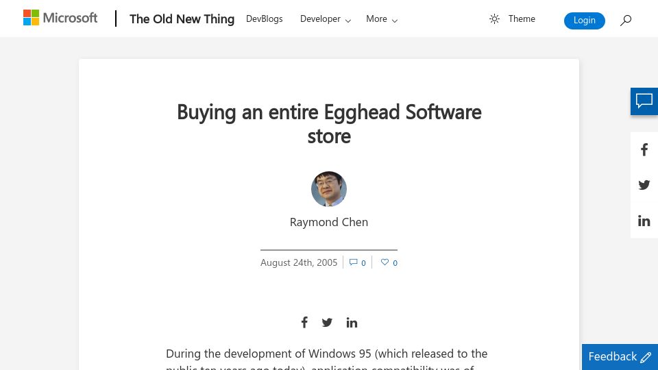 Screenshot of devblogs.microsoft.com: Buying an entire Egghead Software store (2005)