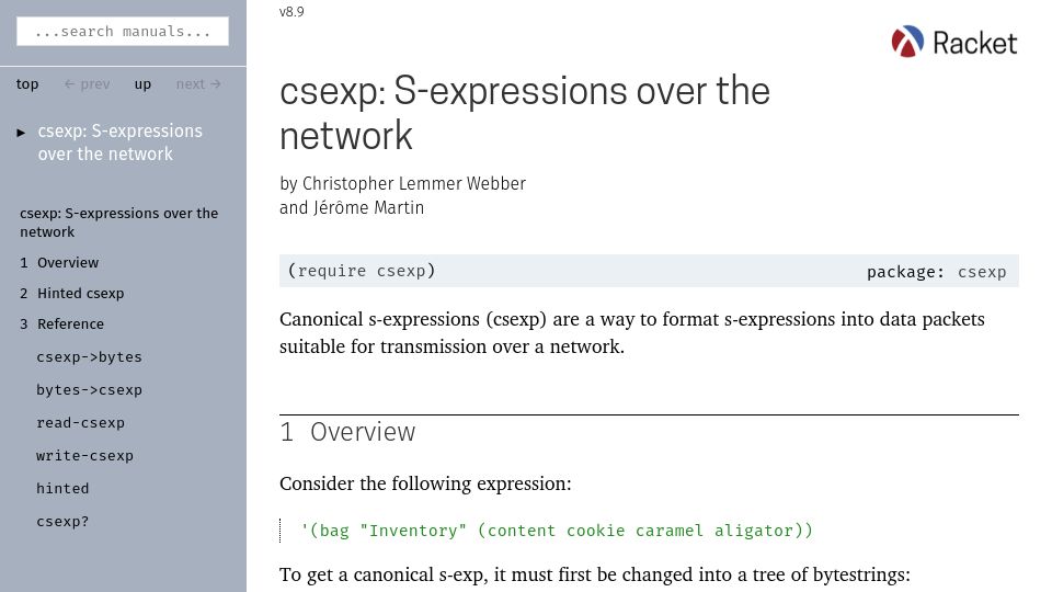 Screenshot of docs.racket-lang.org: Csexp: S-Expressions over the Network