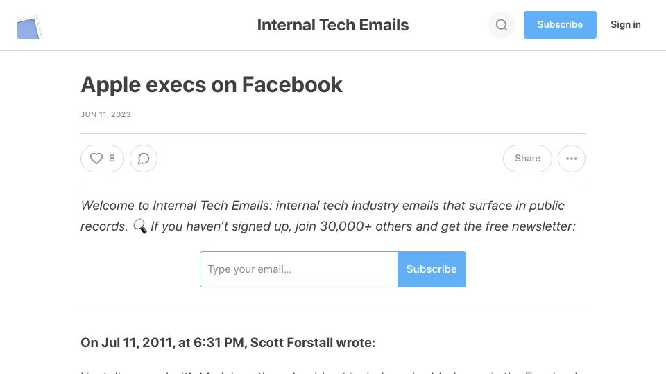 Screenshot of techemails.com: Apple Execs on Facebook (2011)