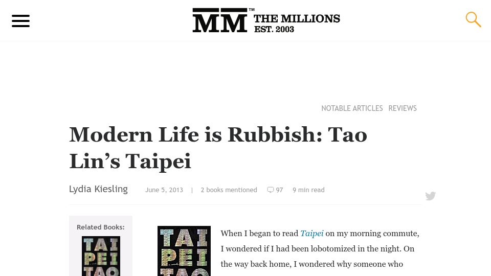 Screenshot of themillions.com: Modern Life Is Rubbish: Tao Lin’s Taipei (2013)