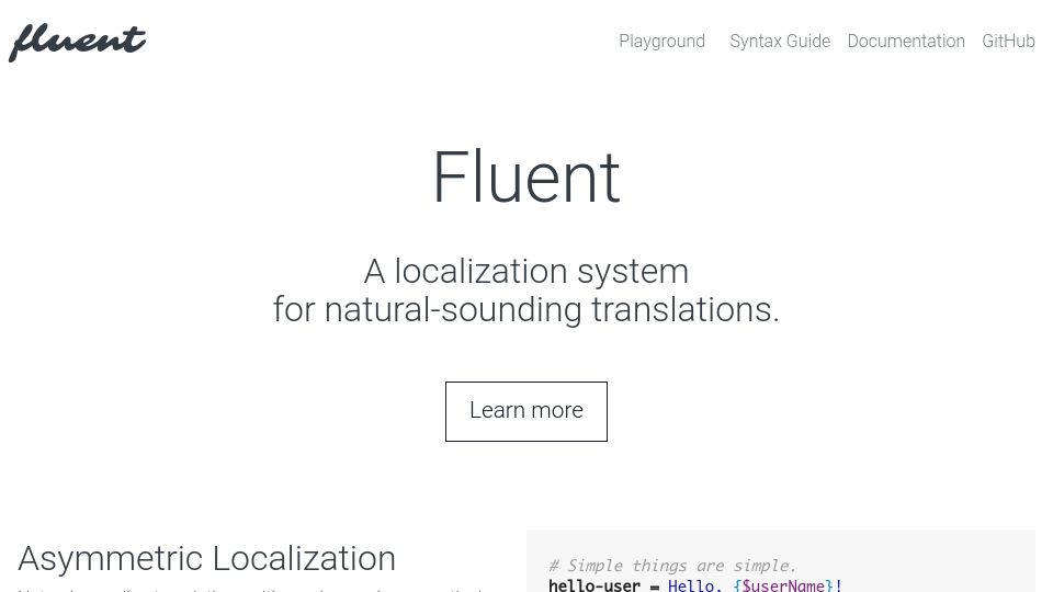 Screenshot of projectfluent.org: Fluent – A localization system for natural-sounding translations