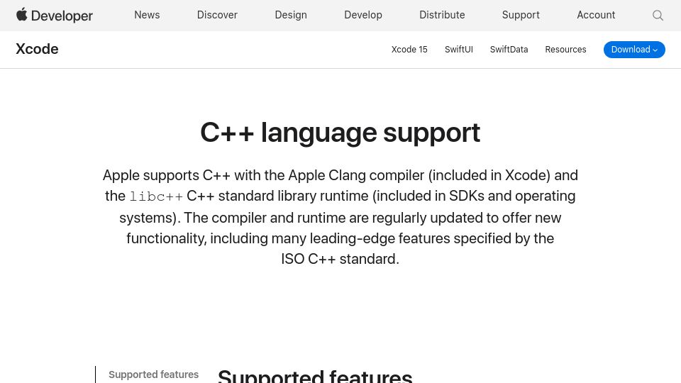 Screenshot of developer.apple.com: Overview of C++ language support in Apple Clang