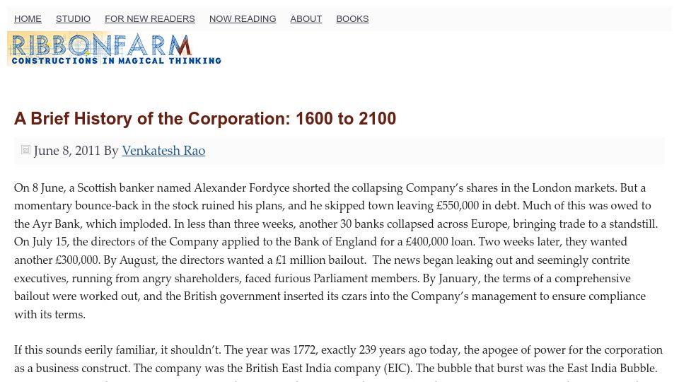 Screenshot of ribbonfarm.com: A Brief History of the Corporation: 1600 to 2100 (2011)