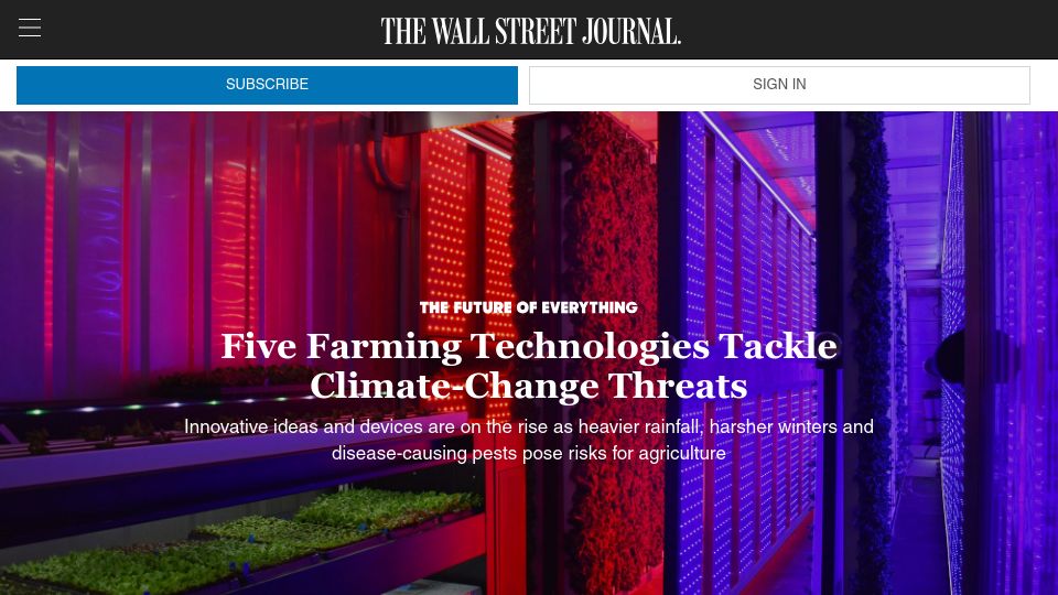Screenshot of wsj.com: Farming technologies tackle climate-change threats