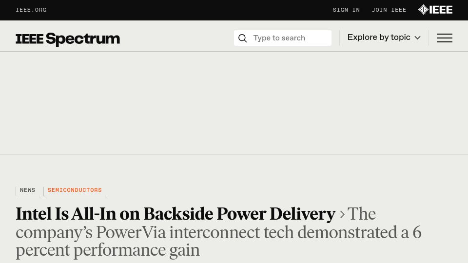 Screenshot of spectrum.ieee.org: Intel is all-in on backside power delivery