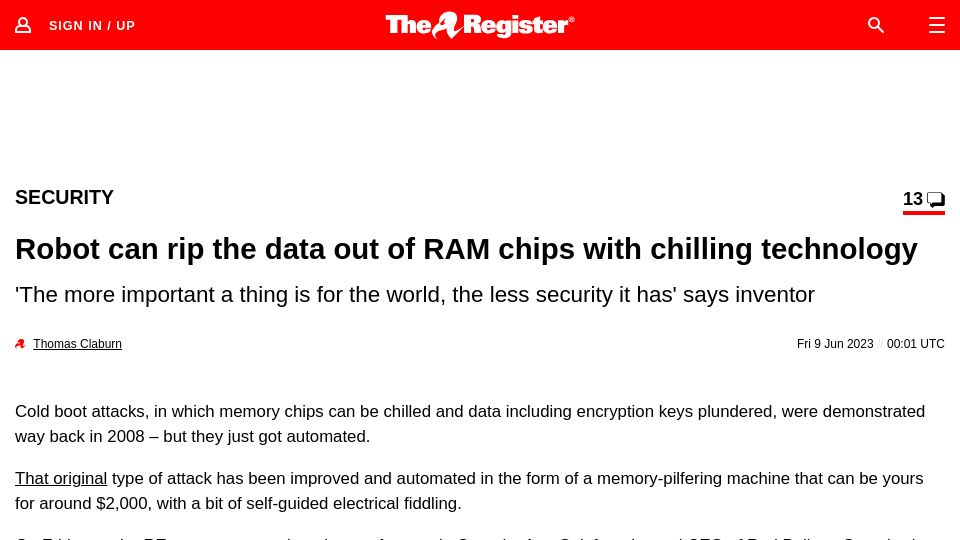 Screenshot of theregister.com: Robot can rip the data out of RAM chips