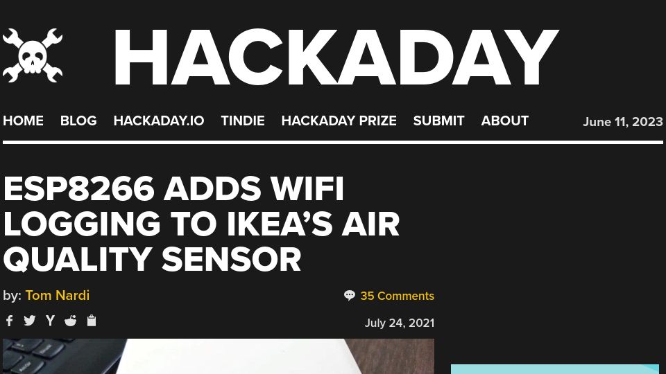 Screenshot of hackaday.com: Add $4 WiFi Logging to IKEA’s $12 Air Quality Sensor (Wemos and Vindriktning)
