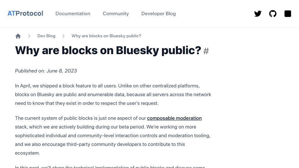 Screenshot of atproto.com: Why are blocks on Bluesky public?