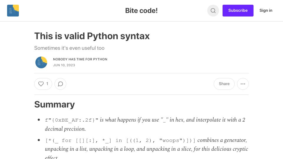 Screenshot of bitecode.dev: This is valid Python syntax