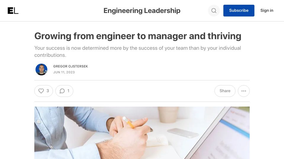 Screenshot of newsletter.eng-leadership.com: Growing from engineer to manager