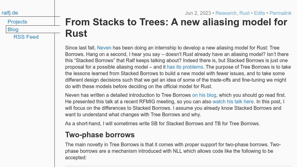 Screenshot of ralfj.de: From Stacks to Trees: A new aliasing model for Rust