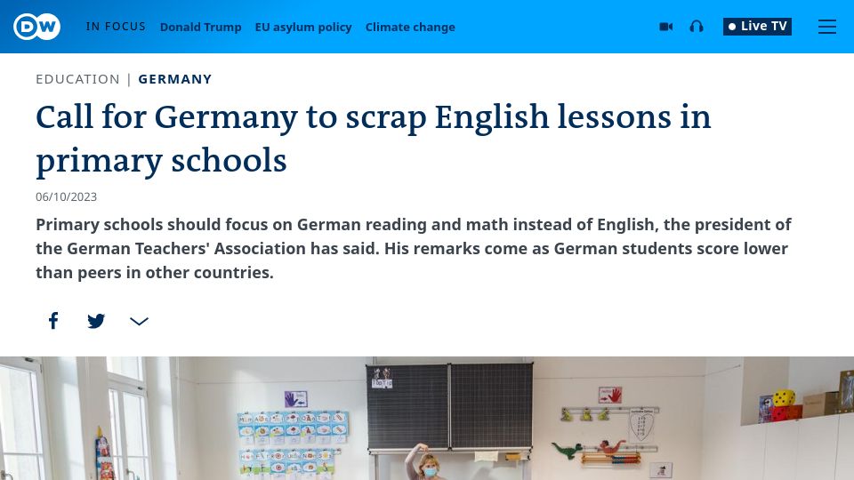 Screenshot of dw.com: Call for Germany to scrap English lessons in primary schools