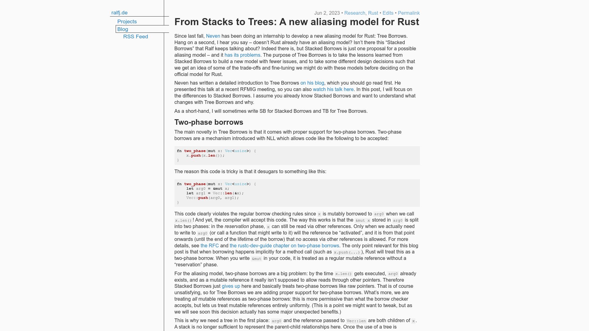 Screenshot of ralfj.de: From Stacks to Trees: A new aliasing model for Rust