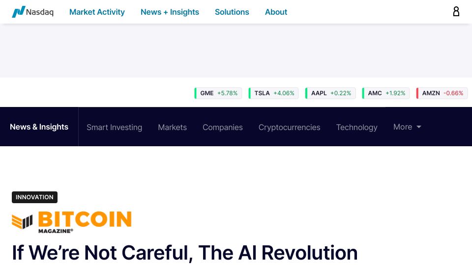Screenshot of nasdaq.com: If We’re Not Careful, the AI Revolution Could Become the ‘Great Homogenization’