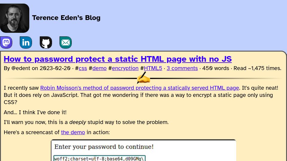 Screenshot of shkspr.mobi: How to password protect a static HTML page with no JavaScript