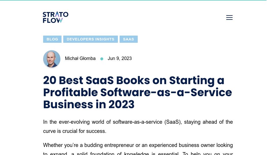 Screenshot of stratoflow.com: 20 Books on Starting a Profitable SaaS Business