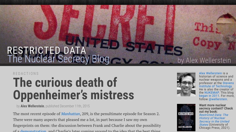 Screenshot of blog.nuclearsecrecy.com: The curious death of Oppenheimer’s mistress (2015)