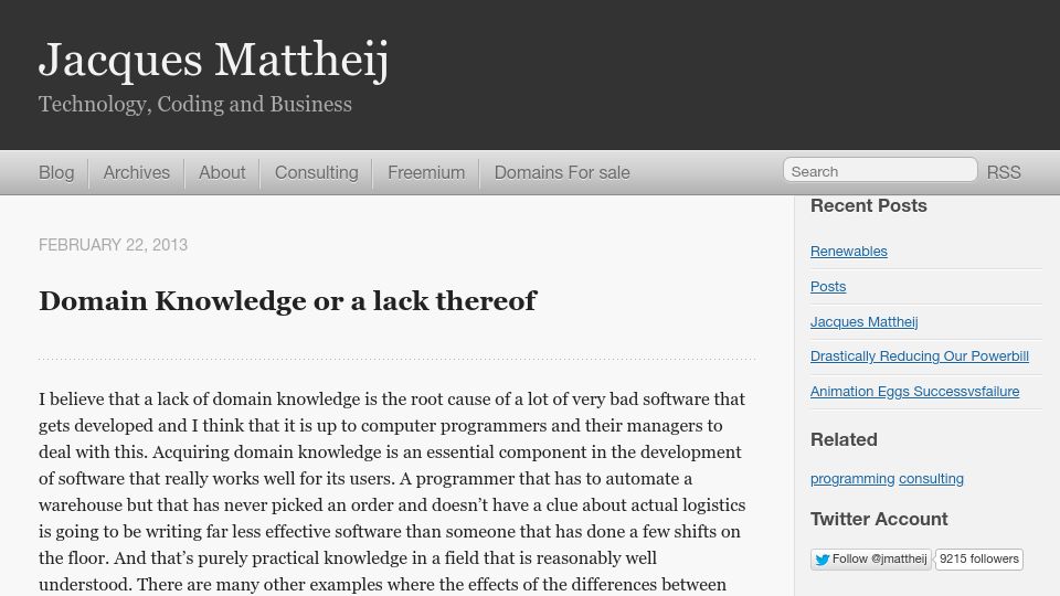 Screenshot of jacquesmattheij.com: Domain knowledge or a lack thereof (2013)