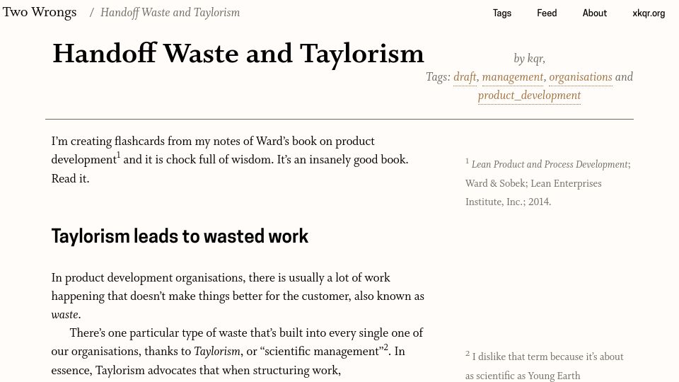 Screenshot of two-wrongs.com: Handoff Waste and Taylorism