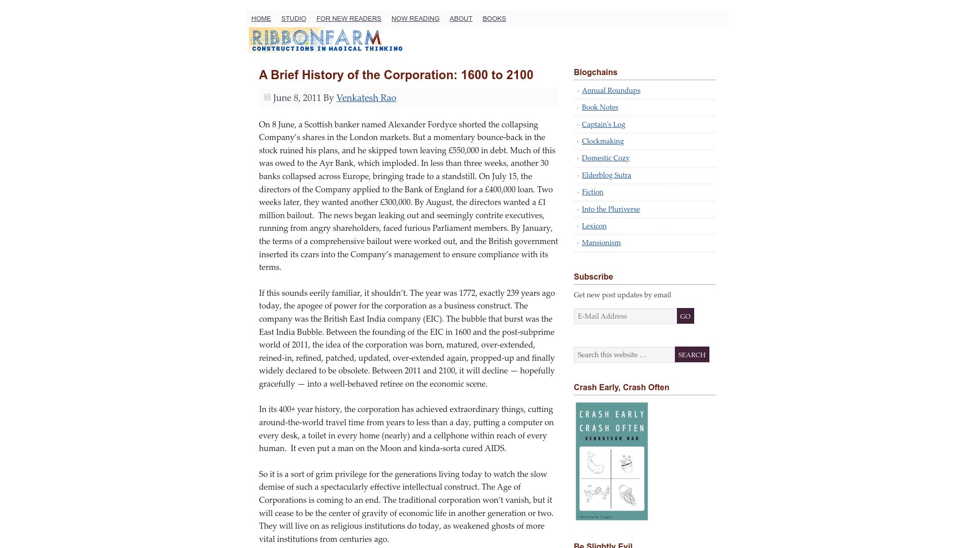 Screenshot of ribbonfarm.com: A Brief History of the Corporation: 1600 to 2100 (2011)