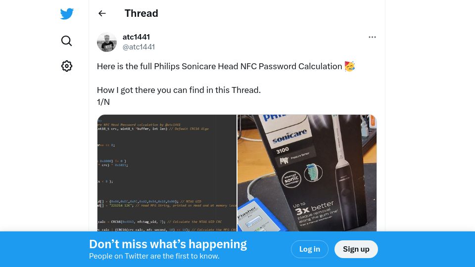Screenshot of twitter.com: Hacking the Philips Sonicare NFC Password