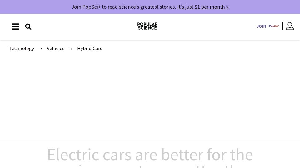 Screenshot of popsci.com: Electric cars are better for the environment, no matter the power source