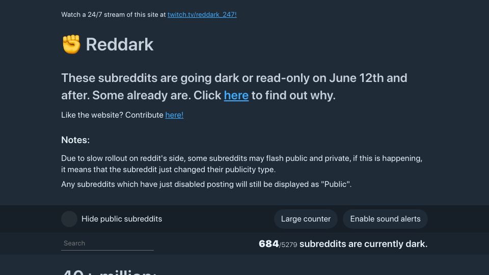 Screenshot of reddark.untone.uk: Reddit Strike Has Started