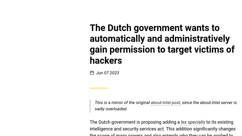 Screenshot of berthub.eu: The Dutch government wants automatic permission to target victims of hackers
