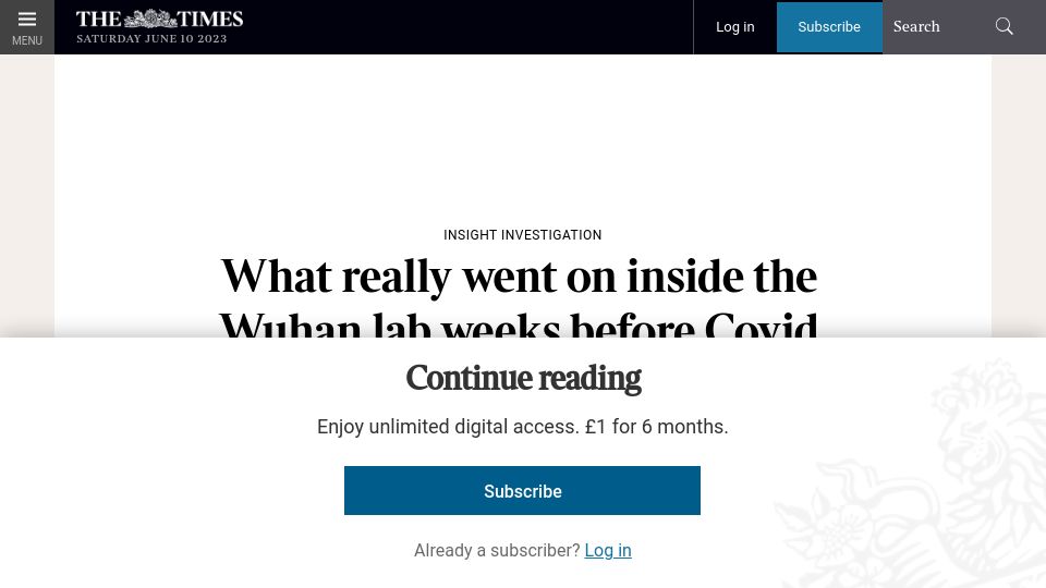 Screenshot of thetimes.co.uk: Inside the Wuhan lab weeks before Covid