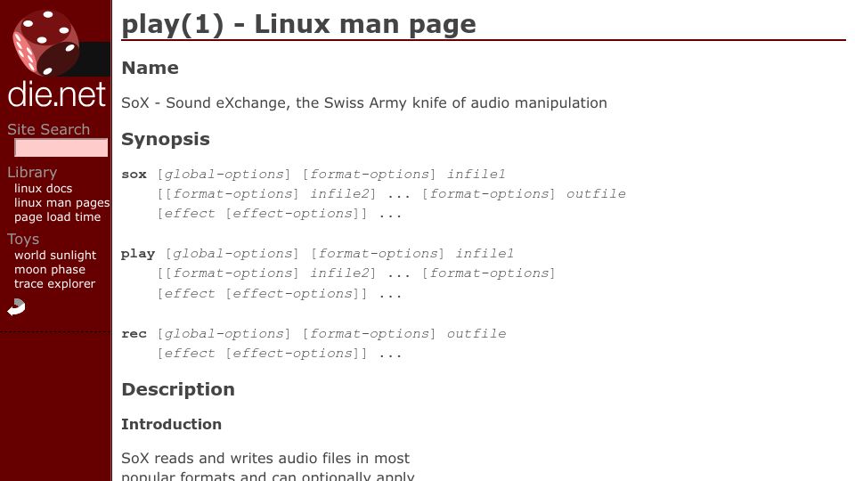 Screenshot of linux.die.net: Play (1) Linux manual page