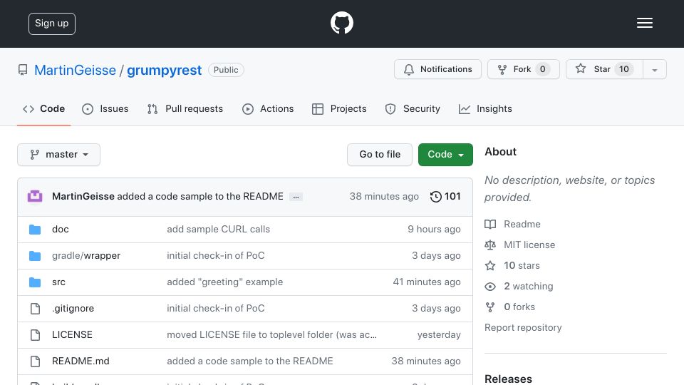 Screenshot of github.com: Show HN: Java REST without annotations, DI nor reactive streams