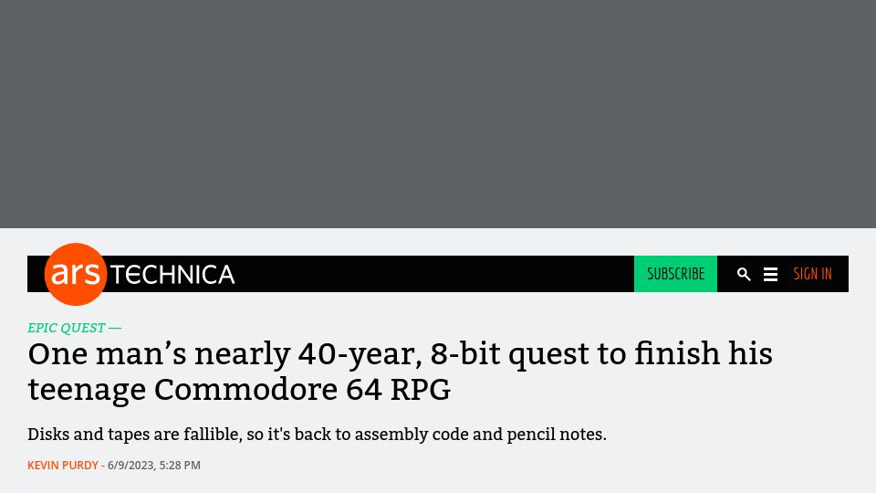 Screenshot of arstechnica.com: One man’s 8-bit quest to finish his teenage Commodore 64 RPG